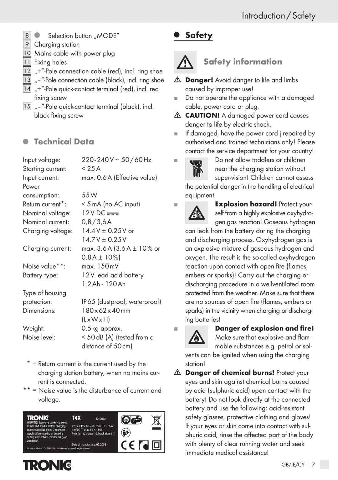 Kompernass T4X manual Introduction / Safety, Technical Data, Safety information 